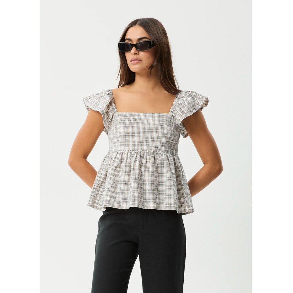Afends Drew Seersucker Top in Taupe Check - Size XS